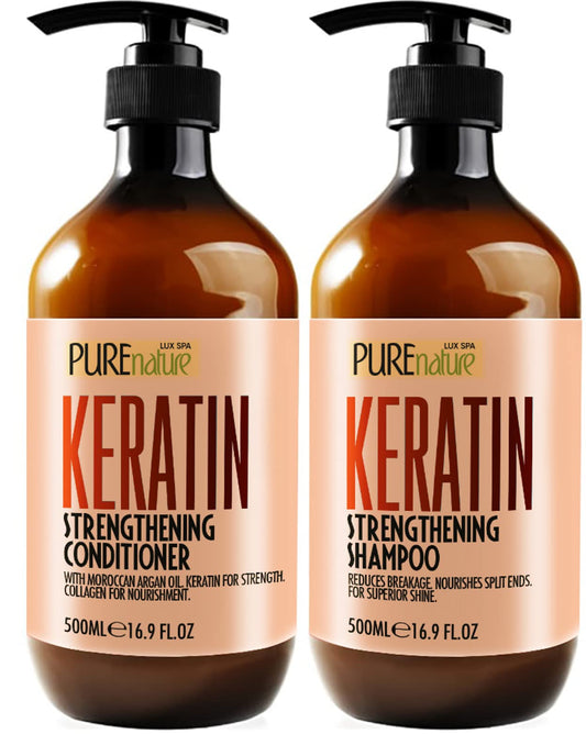 Keratin Shampoo and Conditioner Set - Sulfate and Paraben Free Treatment for Dry Hair - Anti Frizz, Collagen Enriched Formula for Curly or Damaged Hair - Safe for Men and Women with Color Treated Hair