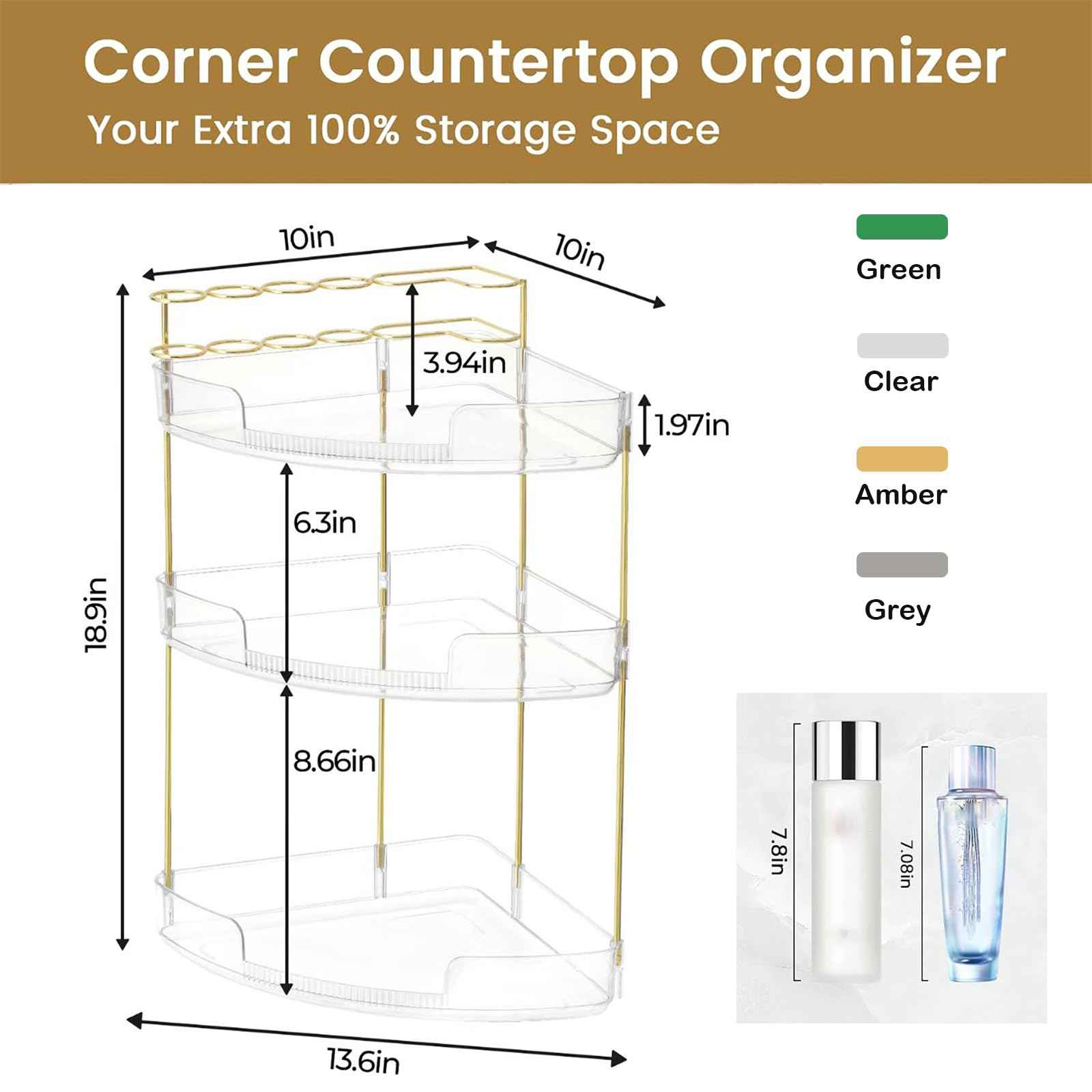 FELIZHOUSE 3-Tier Makeup Organizer for Vanity & Bathroom Countertop – Acrylic Storage Shelf with Perfume Tray & Makeup Brush Holder, Tool-Free Installation, Design for Bathroom & Dresser - Clear