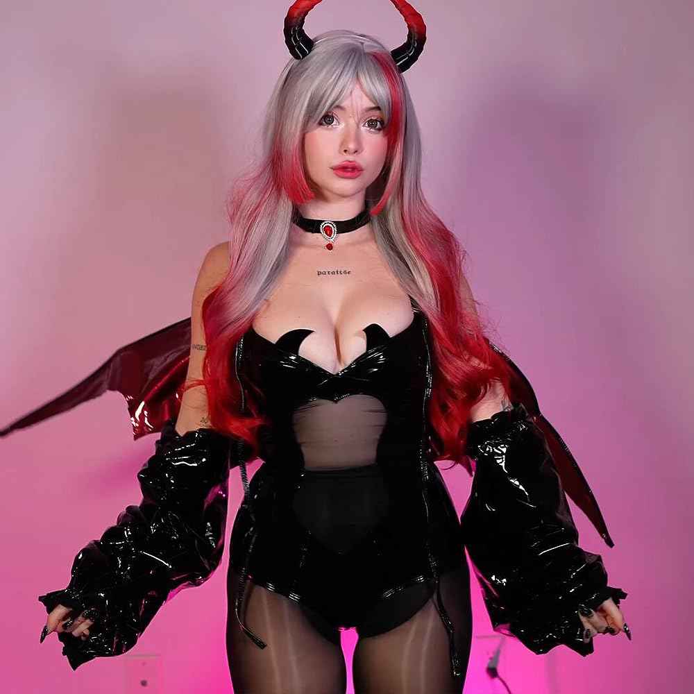 KORURACLUB gradient Wigs cosplay Wig pink Wigs lolita wigs anime Wig halloween Wigs for women (No accessories included) (Crimson Silver Glow)