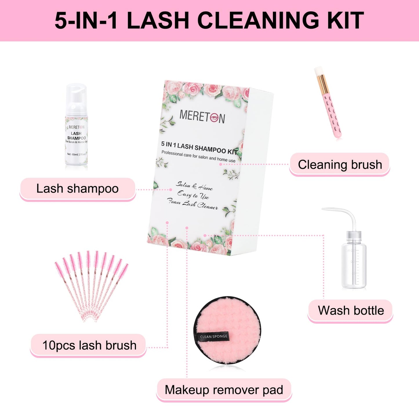 MERETON Lash Shampoo Kit for Lash Extensions, Eyelash Extension Cleanser Lash Cleaner Lash Cleaning Kit for Cluster Lashes Lash Bath with Makeup Pad+ Brush+Rinse Bottle, Oil Free Foam