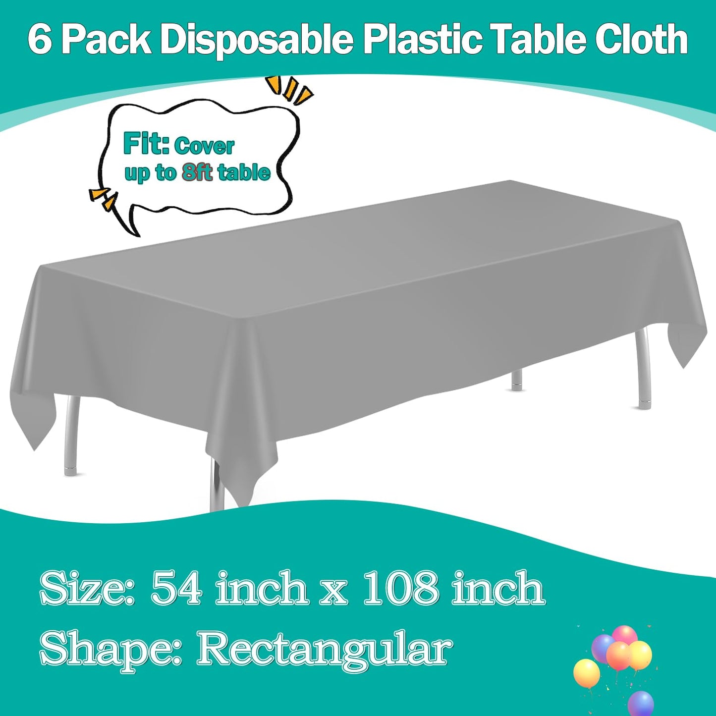 tujol Silver 6 Pack Plastic Table Cloth 54" x 108", Disposable Tablecloths Rectangle Table Cover, Plastic Table Cloths for Parties