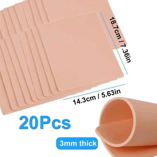 MIUXIA 20Pcs 3mm Fake Skin Tattoo Practice Skins 7.4x5.6" 3mm Thick Soft Silicone for Beginer and Artists Tattoo Supplies