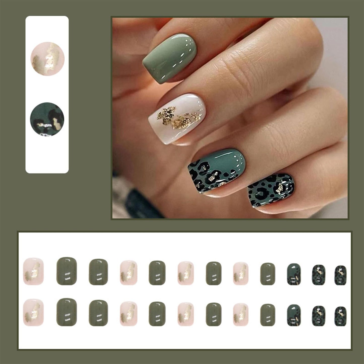 24Pcs Press on Nails Short Square Fake Nails with Gold Foil Leopard Print Design Glue on Nails Green Glossy Artificial Nails Acrylic Nails Full Cover Stick on Nails for Women DIY Manicure Decoration