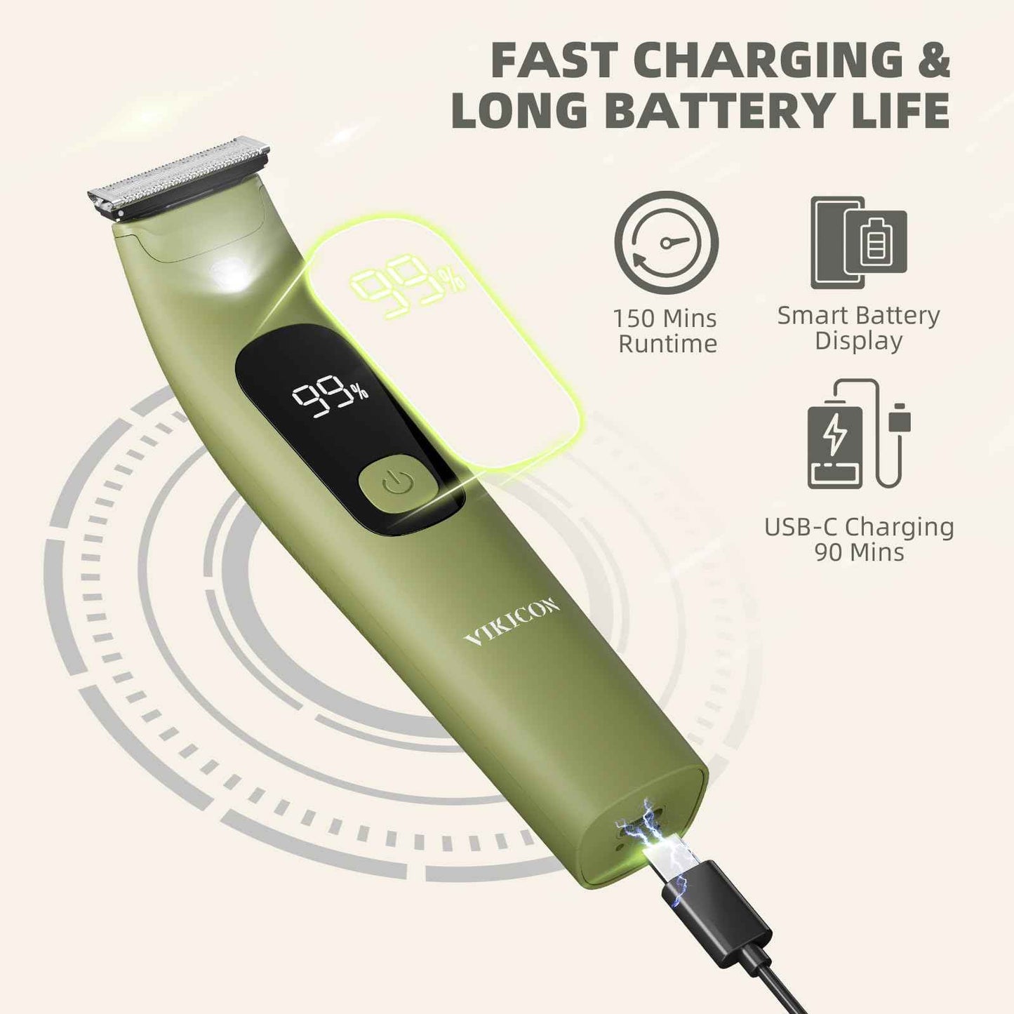 VIKICON Body Hair Trimmer for Men & Women: Safety Electric Razor for Pubic, Legs, Chest, Face w/Dual-Sided Single Blade & 5 Guide Combs, Waterproof Smooth Intimate Shaver, 150min Long Battery Life