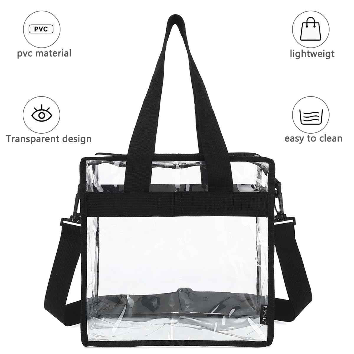 Flowfly Clear Bag Stadium Approved, Clear Beach Lunch Bag for Work Sports Festival - 2 Handles, Adjustable Strap, Zipper Closure, Clear