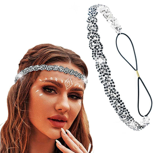 Fstrend Elastic Crystal Hairbands Rhinestone Headband Multicolors Boho Sparkle Head Chain Headpieces for Women(Black)