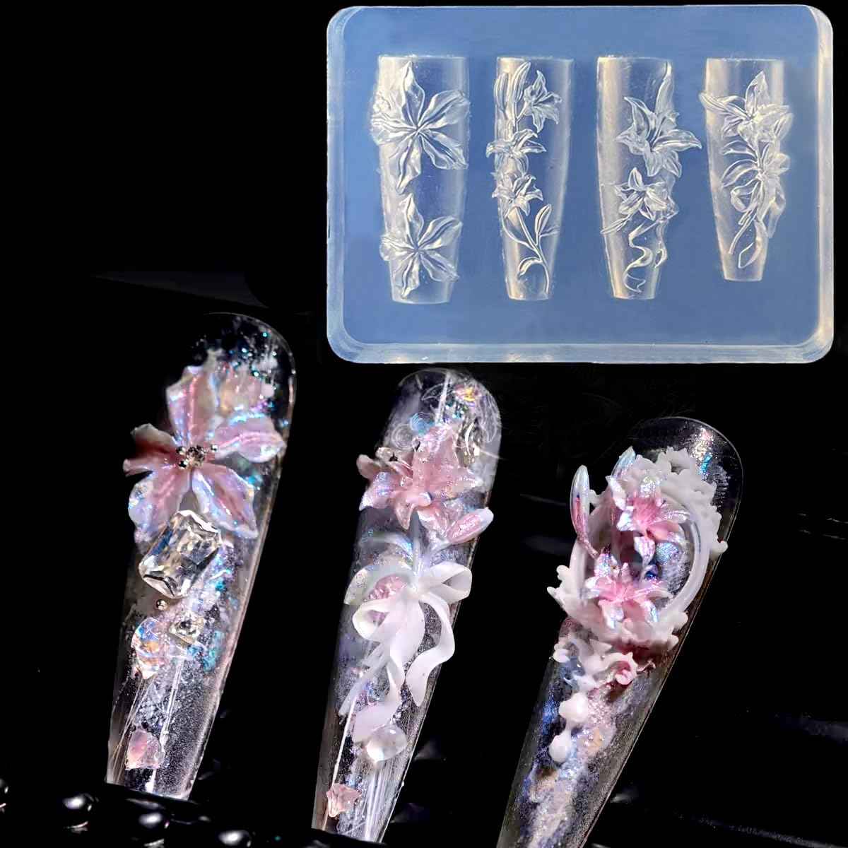 LIFOOST 3D Flowers Nail Mold Silicone Lily Flower Charms Embellishment Moulds Nail Art Floral Carving Template for Manicure Design Tool