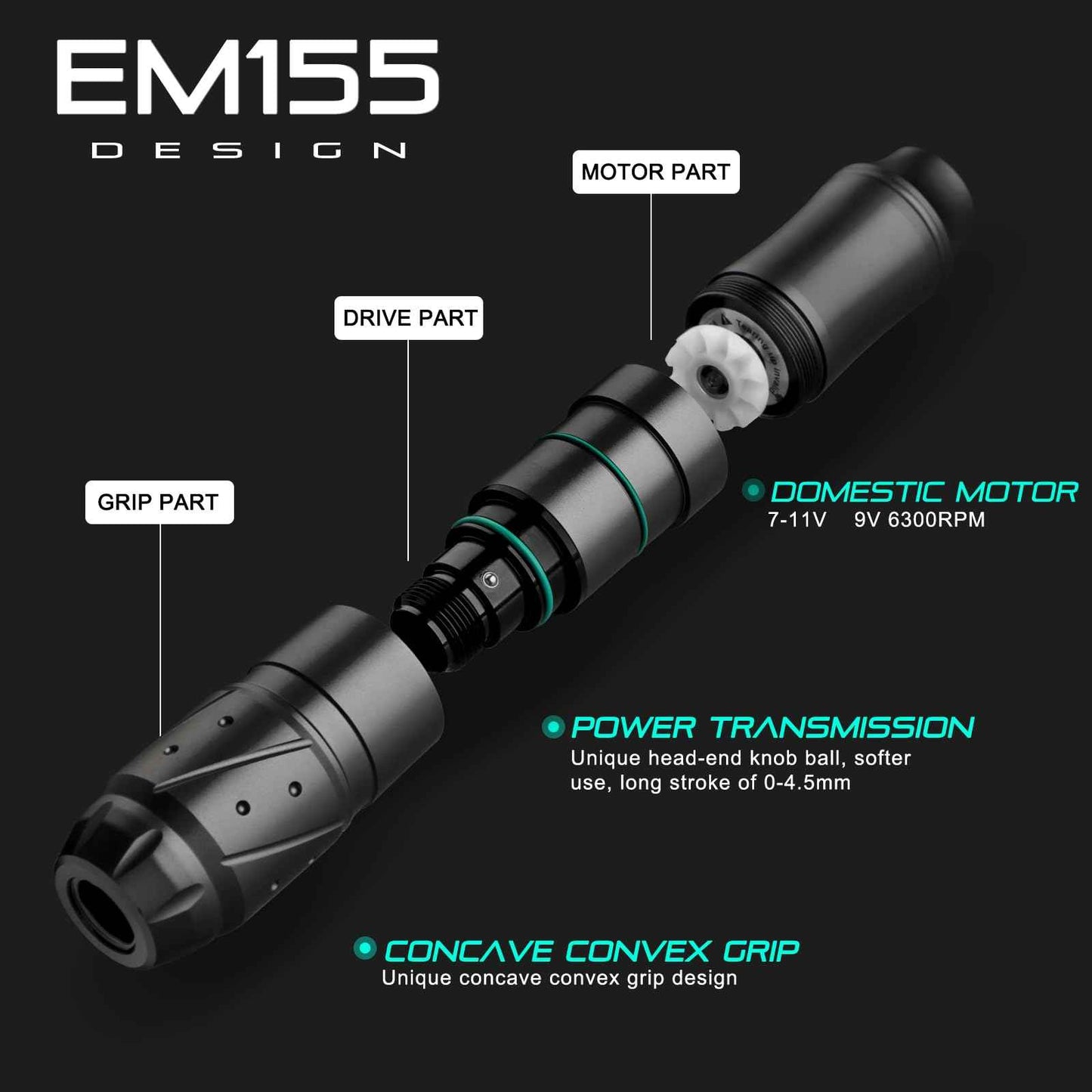 Wireless Rotary Tattoo Pen Machine Style Supply Coreless Motor 1600mAh Battery Power with Two Battery EM155KITP155-1