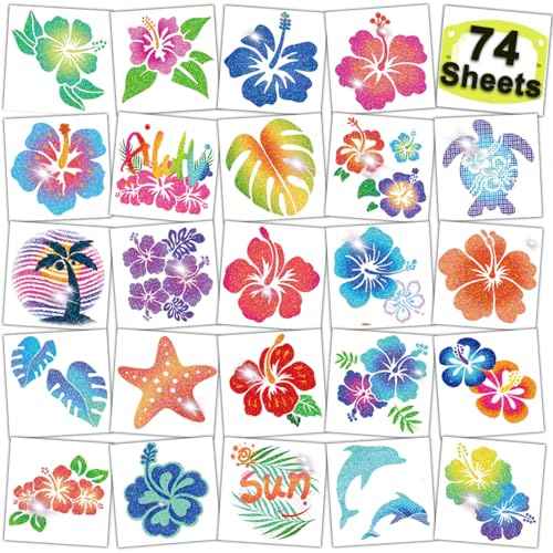 Glitter Hibiscus Temporary Tattoos for Aloha Party Decoration - 74 Individually Sheets Glitter Hawaii Flower Tattoos for Kids Women Hawaiian Party Favors