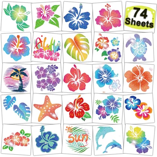 CHARLENT Glitter Hibiscus Temporary Tattoos - 74 Sheets