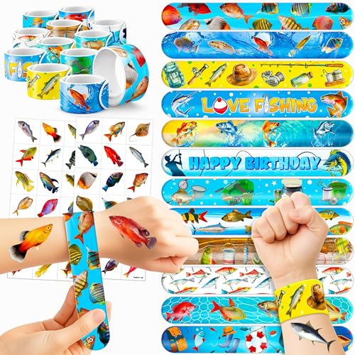 72 PCS Fishing Party Favors - 48 Temporary Pre-Cut Tattoos & 24 Slap Bracelets - Party Favors for Boys & Girls, Birthday Goodie Bag Fillers, Baby Shower Gifts, Classroom Rewards