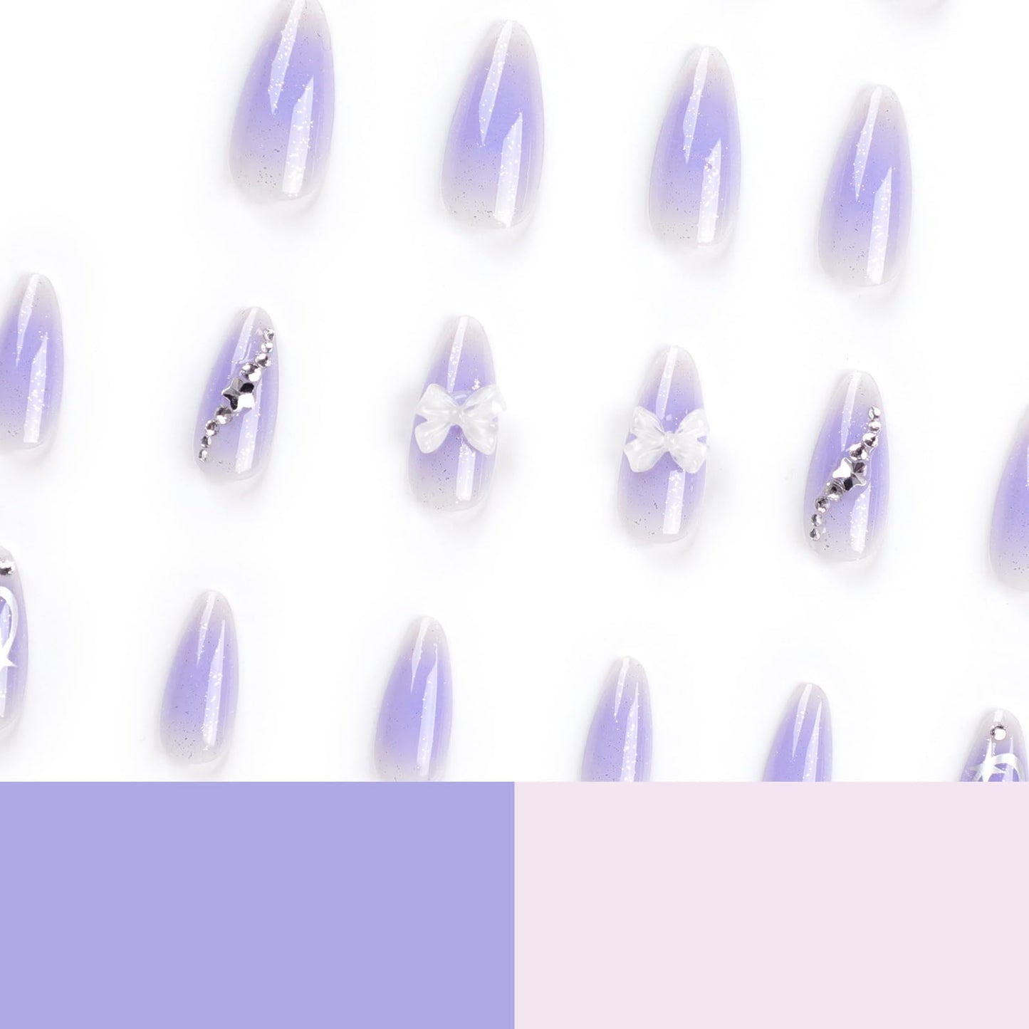 Purple Almond Press on Nails Medium, 3D Bow Star Nail Charms Fake Nails Bling Rhinestone Stick on Nails False Nails Glitter Acrylic Nails Summer Manicure for Women and Girls, 24PCS