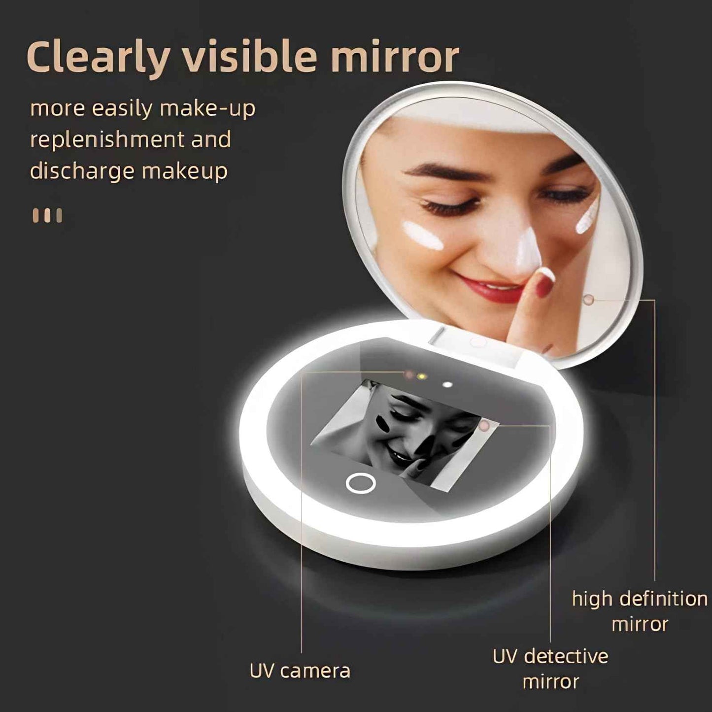 BONKZEBU Travel Mirror with Light,Intelligent Touch Control Brightness Adjustment Compact Mirror with Light,UV Camera Lens Testing Travel Mirror with Magnification,for Makeup Removal