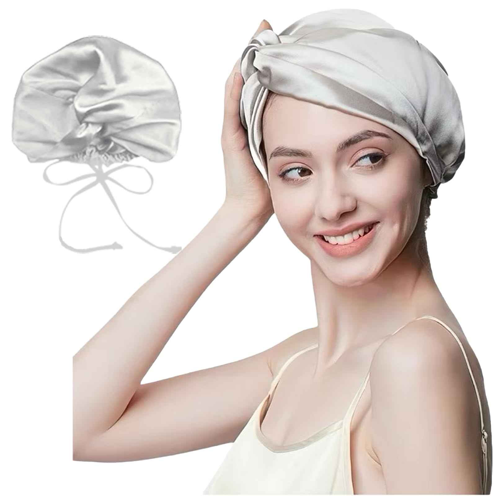 SereLune 100% Mulberry Silk Sleep Bonnet, Double Layer Silk Turban, Shower Cap, 8 Colors (Silver Bonnet With Adjustable Strap)