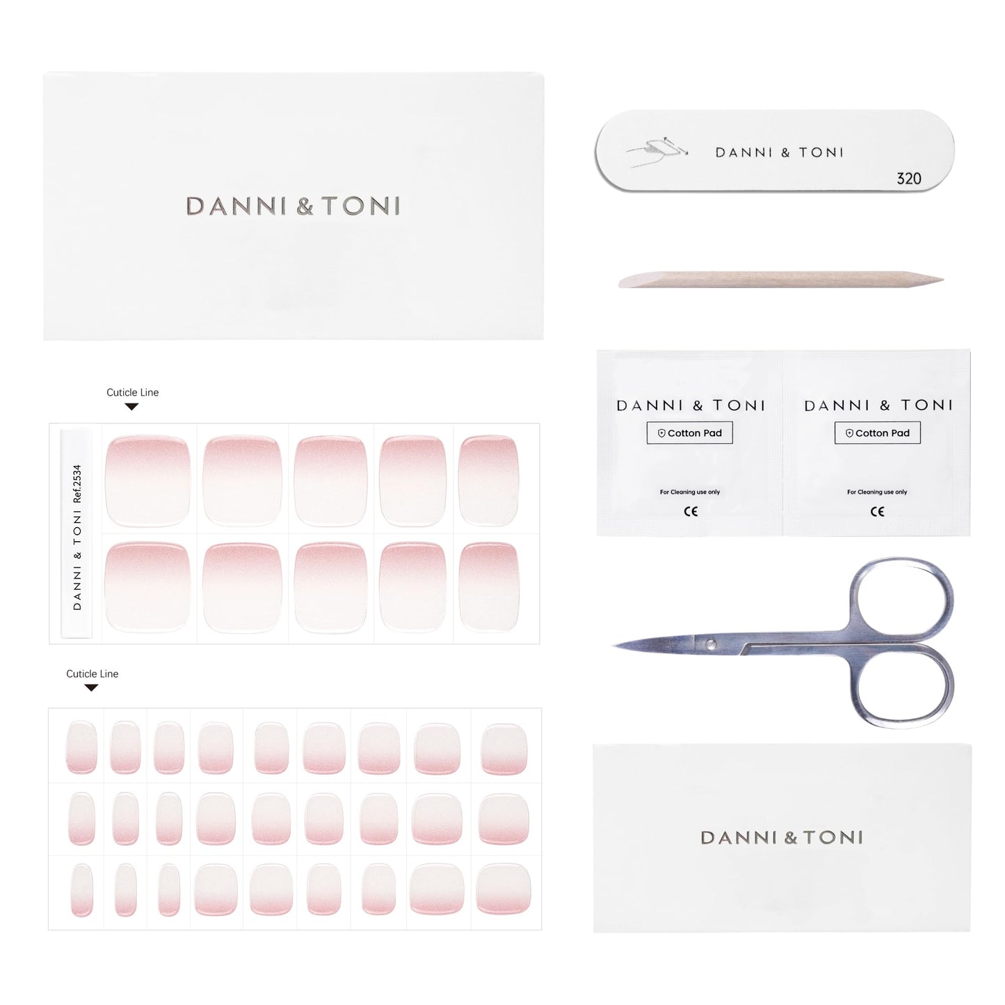 DANNI & TONI Semi Cured Gel Toenail Strips Pink and White Ombre (Aria) Gel Toenail Stickers French Gel Pedi Wraps 37 Stickers