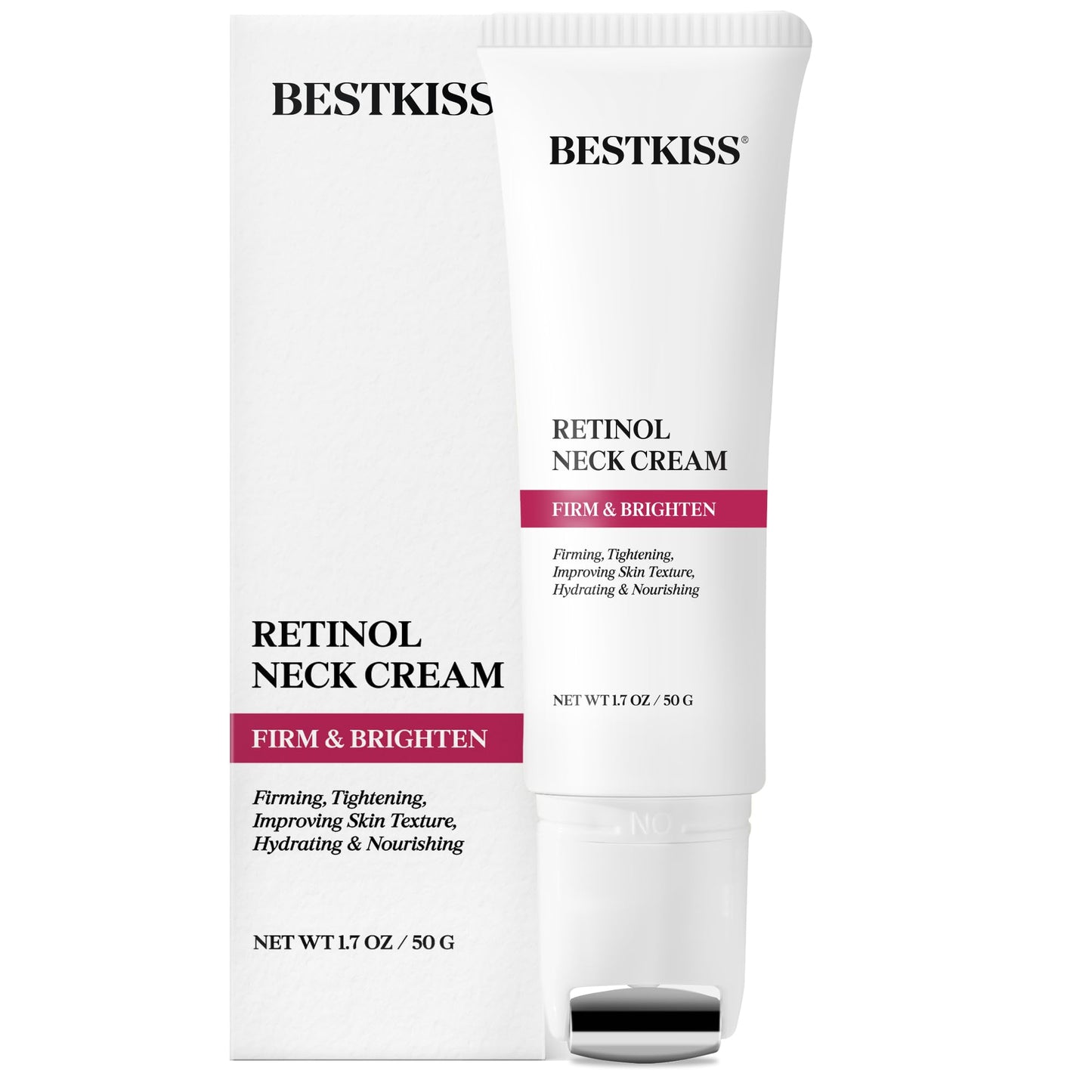Bestkiss Retinol Neck Firming Cream with Cooling & Massaging Roller Applicator - Hydrates, Lifts, Smoothes Wrinkles, Fine Lines & Tightens Sagging Skin with Niacinamide & Hyaluronic Acid, 1.7oz/50g