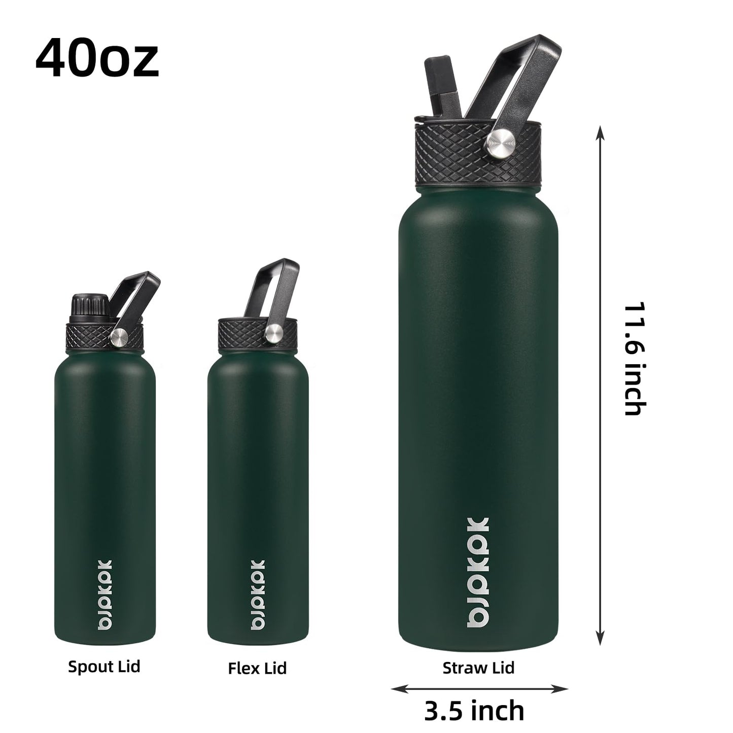 BJPKPK Insulated Water Bottles with Straw Lid, 40oz Stainless Steel Water Bottles with 3 Lids, Large Metal Water Bottle, BPA Free Leakproof Thermos Water Bottle for Sports & Gym- Army Green