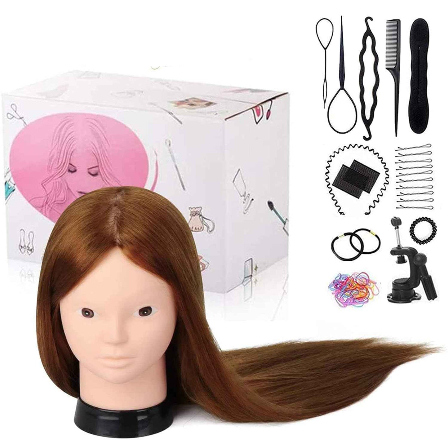 Mannequin Head with 80% Human Hair, TopDirect 24" Brown Real Hair Cosmetology Mannequin Head Hair Styling Hairdressing Practice Training Doll Heads with Clamp Holder and Tools