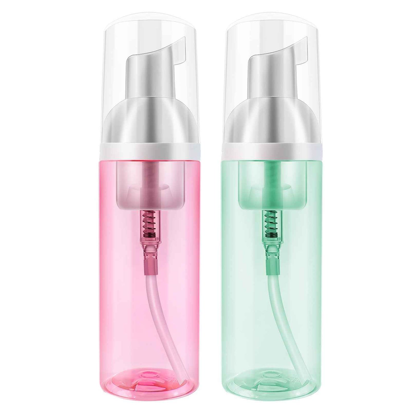 2 Pack Travel Foam Pump Bottle 60 ml/2 oz Small Size Foam Spray Bottle & Pump Bottle Dispenser for Face Wash, Lash Shampoo, Skin Care - Clear Plastic Mini Empty Refillable Containers （Pink and Green）