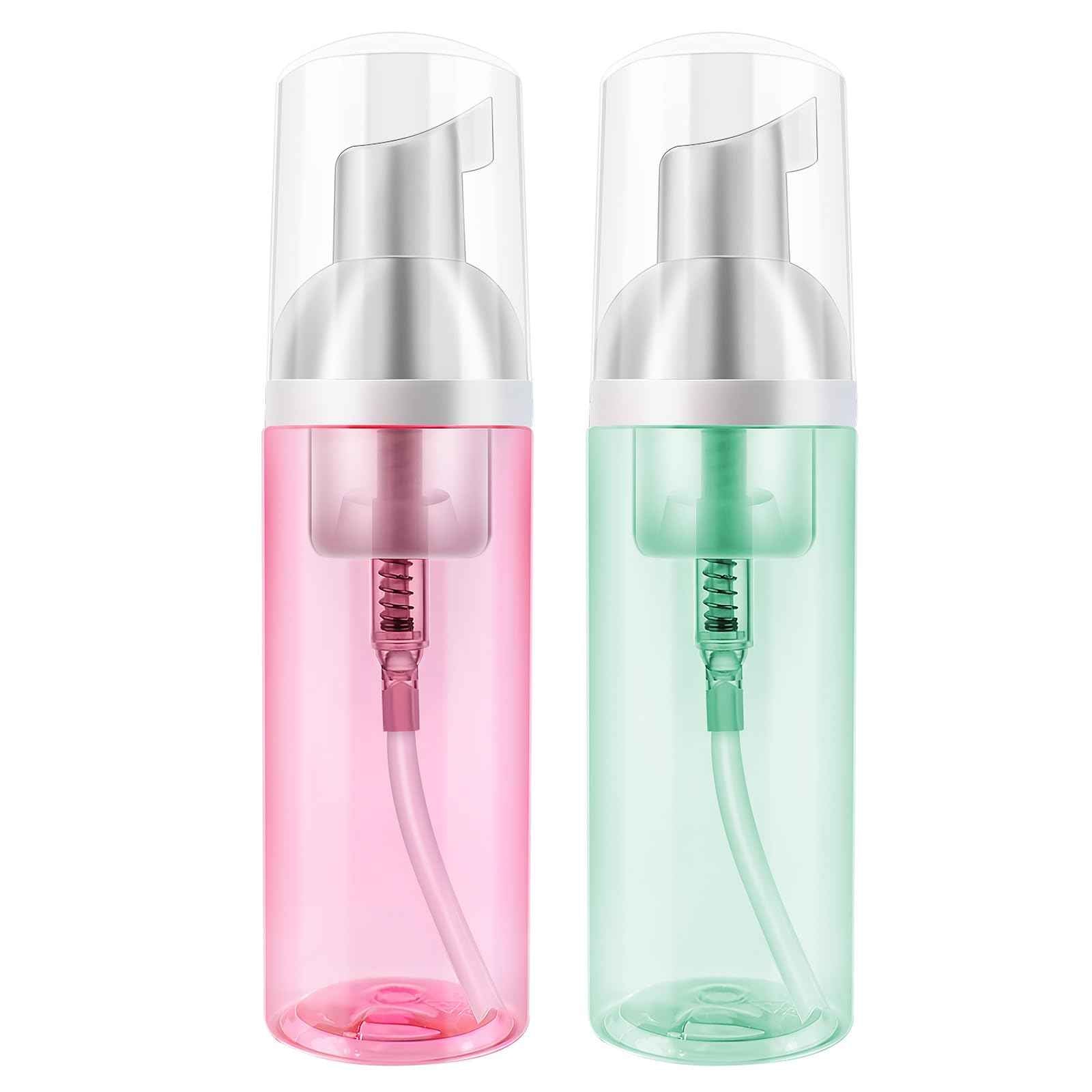 2 Pack Travel Foam Pump Bottle 60 ml/2 oz Small Size Foam Spray Bottle & Pump Bottle Dispenser for Face Wash, Lash Shampoo, Skin Care - Clear Plastic Mini Empty Refillable Containers （Pink and Green）