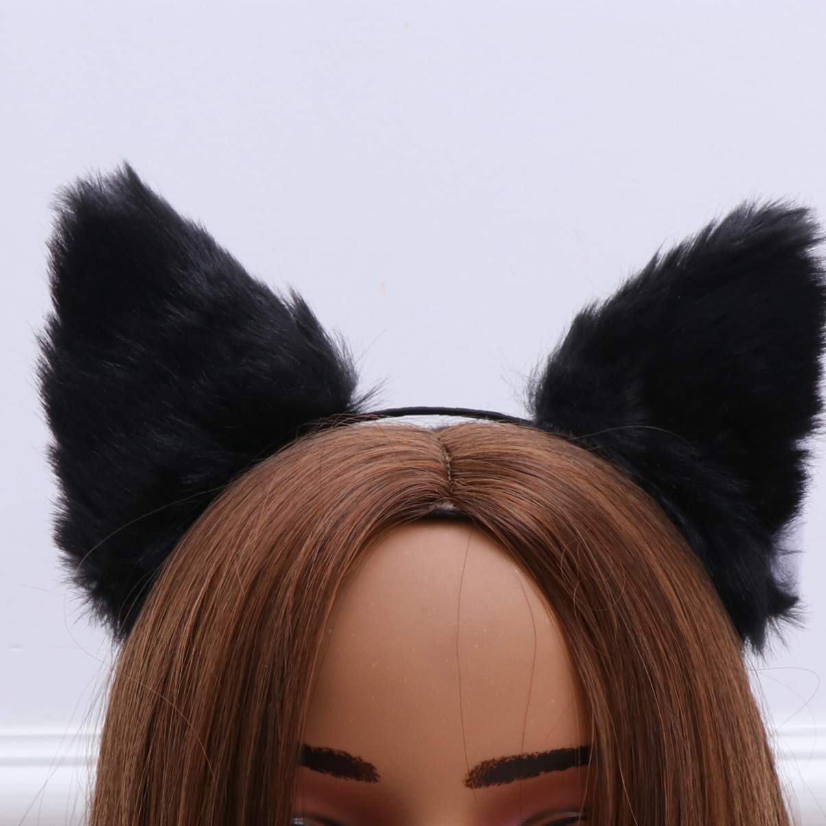 Lurrose Cat Fox Long Fur Ears Headband Cosplay Party Costume Hairbands Cut Plush Hair Hoop Headdress for Women Girls Black