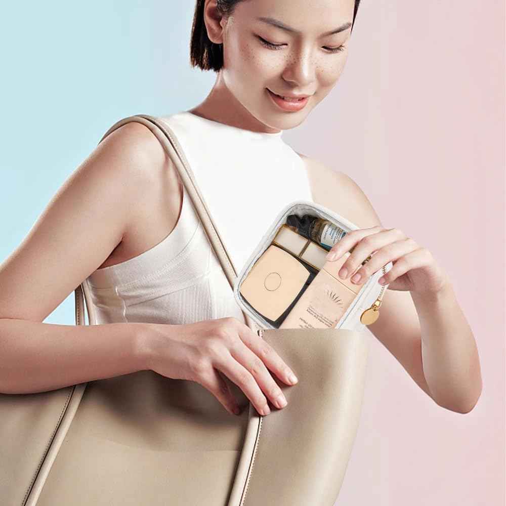 FFaw Small Clear Makeup Bag, Nylon Mini Cosmetic Bag Small Makeup Bag for Purse TSA Approved Travel Toiletry Bags with Zipper Cute Organizer Car Organizer Bag for Women Girls (White Mini)