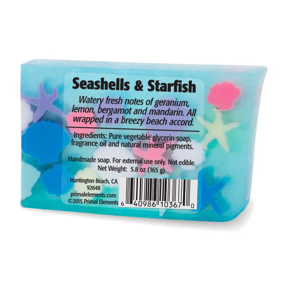 Primal Elements Sliced Soap Bar, Handmade Natural Glycerin Rich Formula, Seashells & Starfish, 5.8 Oz