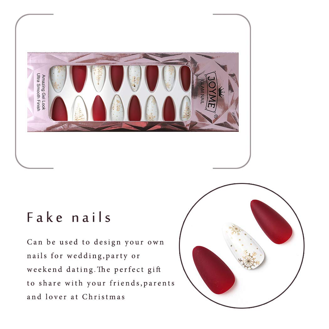 Gangel Red Matte False Nails Xmas Fake Nail Full Cover Christmas Long Fake Nails Snow Deer Acrylic Press on Nails Daily Wear Gifts for Women and Girls 24Pcs (RED WHITE)