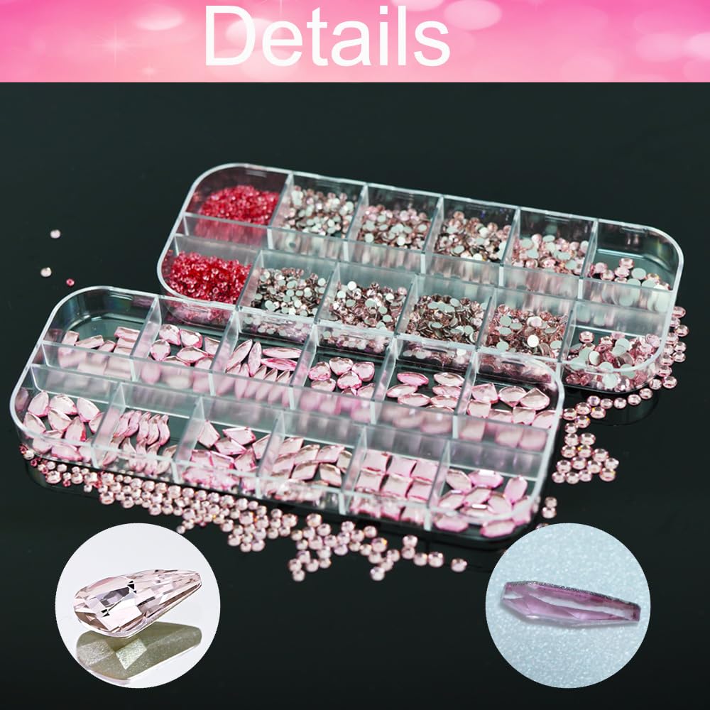 2680Pcs Pink Rhinestones Nail Gems, 120pcs Big Pink Nails Charms with Pink Bling Flatback Round Beads, Light Pink Clear Diamond Stones Jewelry Supplies for DIY Face Eyes Makeup Crafts Decoration