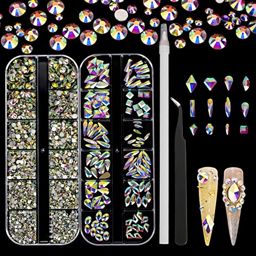 AARDWO 2568 Pcs Rhinestones Nail Gems Face Gems Makeup Gems AB Rhinestones Set Multi Shapes Crystal for Nails Shoes Clothes Bags Crafts Decoration with Picker Pencil and Tweezers