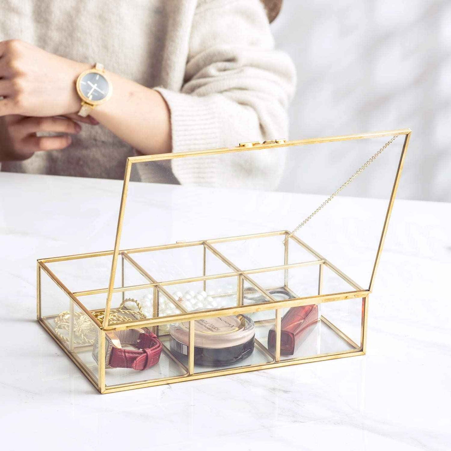 Levilan Golden Vintage Glass Box Clear Glass & Brass Metal Storage Jewelry and Cosmetic Makeup Lipstick Holder Organizer Beauty Display, 6 Compartment