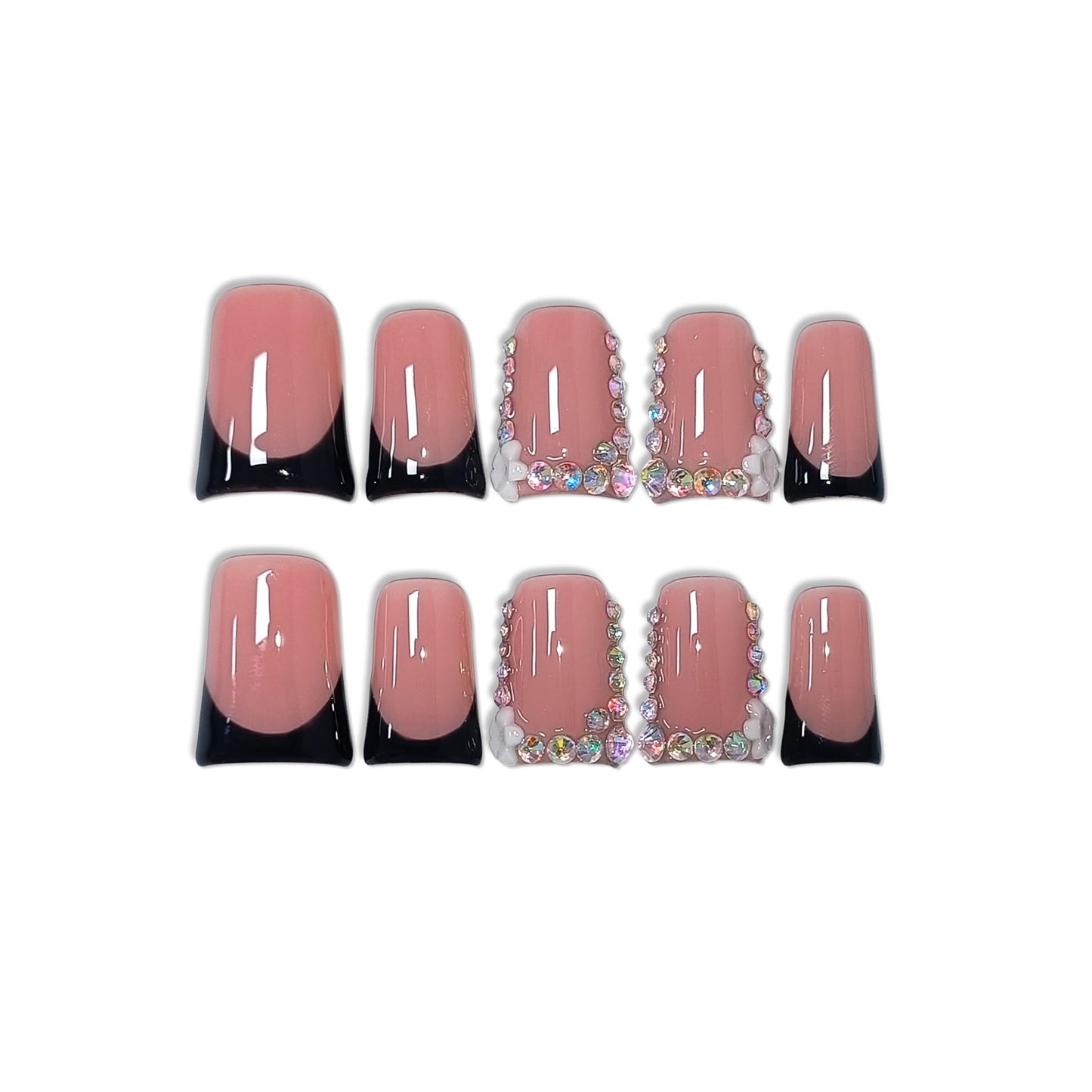 TENPAL Handmade Duck Nails Press on,Pink & Black French Tip Duckbill Tips with Rhinestone Edge,10PCS Glossy Glue on Nails Kit,Glitter Acrylic False Nails with Design,Y2K Punk Fake Nail for Women(M)