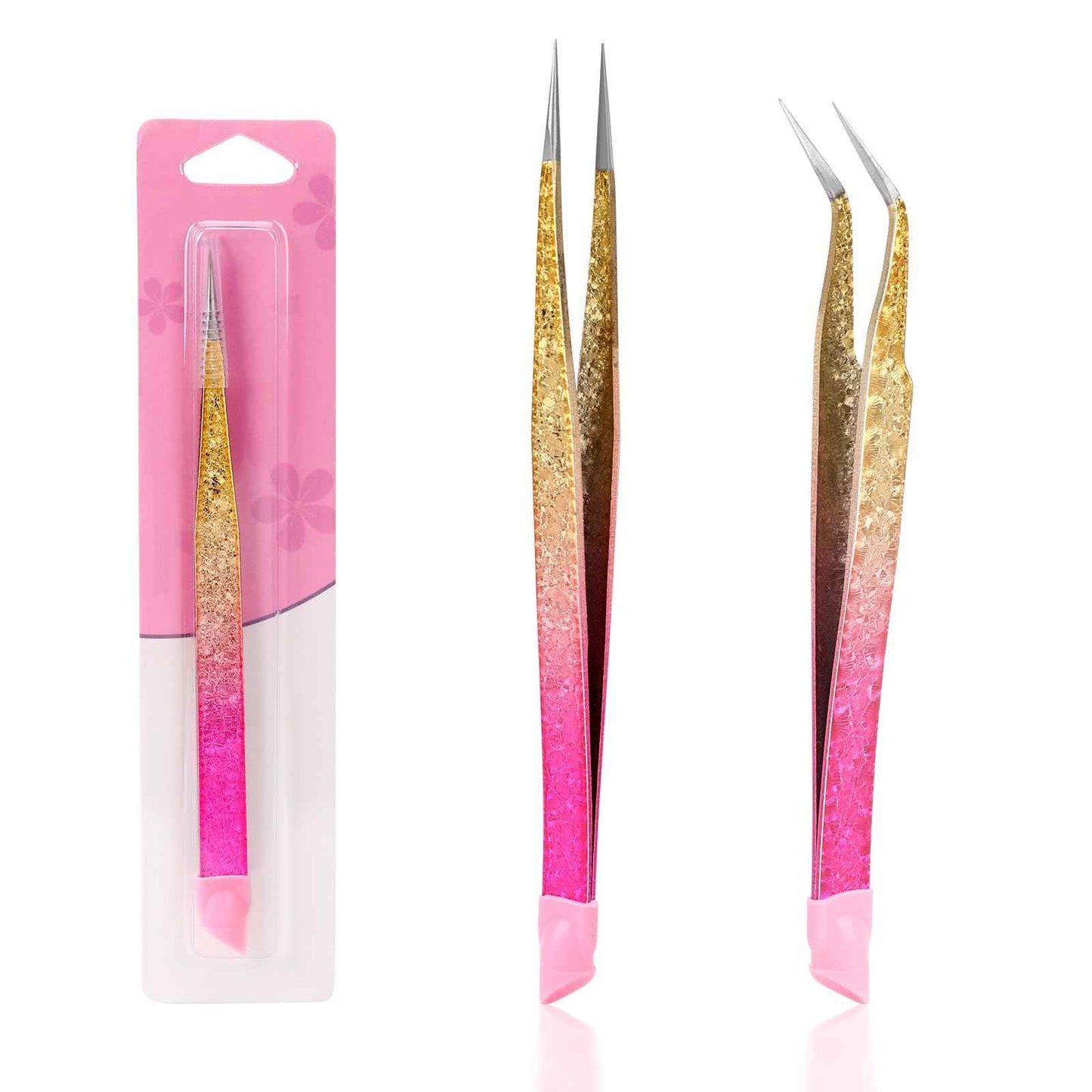 Double Ended Nail Art TweezersCurved,2Pcs Tweezers, Eyelash Tweezers, Straight Fine Tip Tweezers for Women with Silicone Pressing Tips, Suitable for Nail Art, Hair Removal, Jewelry
