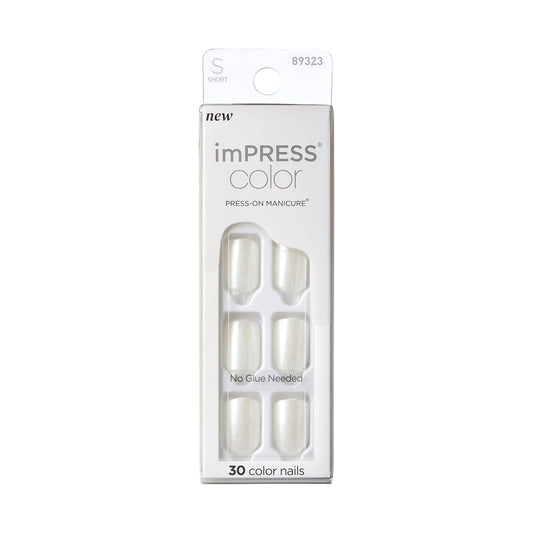 KISS imPRESS Color No Glue Mani 30 Pcs Press On Nails, Light White, Short Size, Squoval Shape, Simple Peel & Press Easy Apply, Hassel-Free Removal, Essential Tools Included