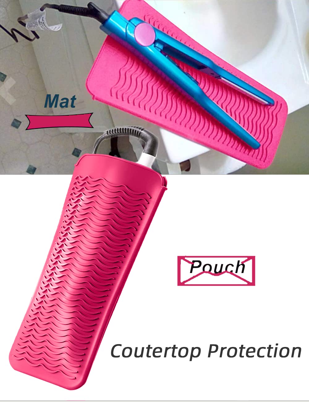 Heat Resistant Silicone Mat Pouch,Hair Styling Tools for Curling Irons, Flat Irons, Hair Straightener， 11.5 * 6 Inches, Food Grade Silicone, Pink