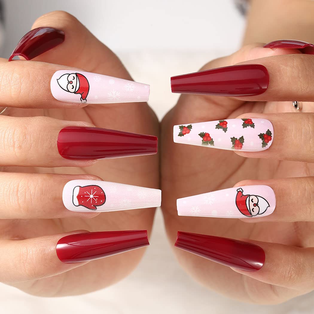 Uranian Coffin Extra Long Press on Nails Snowflake Red Christmas Fake Nails Elk Ballerina Glossy Full Cover False Nails Santa Claus Acrylic Nails Tips for Women and Girls 30 PCS (Pattern-E)