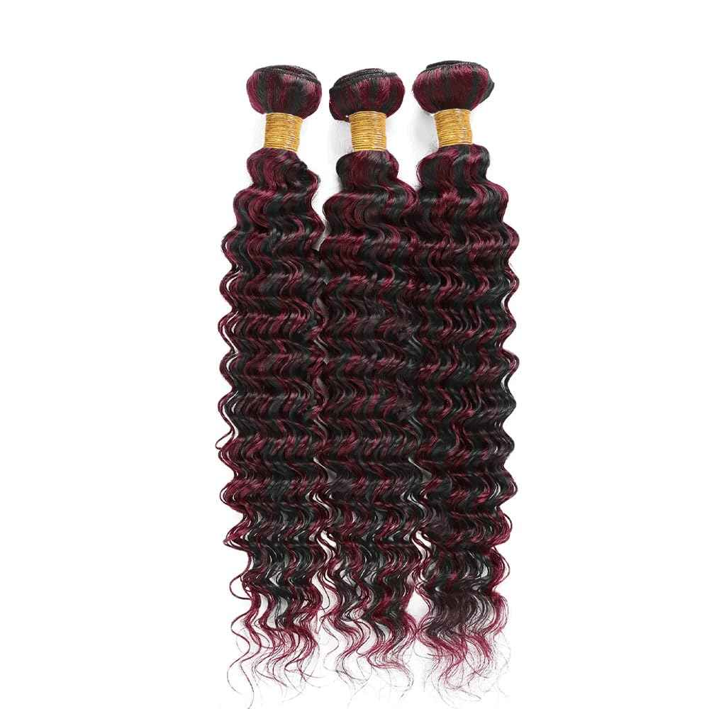 8 8 8 Inch P1B99J Bundles Highlight Deep Wave Human Hair Bundle Burgundy Hair Weave Two Tone Black Mixed With 99J Red Bundles Highlight Deep Curly Bundle