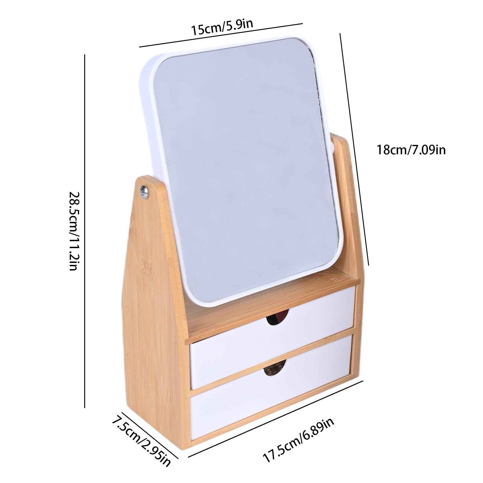PYSYY 1x / 5X Magnifying Makeup Mirror, Jewelry and Cosmetics Storage Box with Double Drawers, Adjustable Natural Bamboo Stand, 360° rotatable Vertical Desktop Mirror (1, Rectangle)