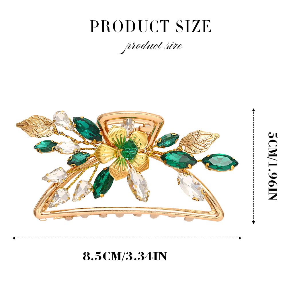 Fashey Hair Claw Clip Flower Hair Claws Strong Hold Hair Clip Green Crystal Hair Clamps Nonslip Metal Hair Jaw Clip Hair Accessories for Women and Girls(1 Pcs) (A)