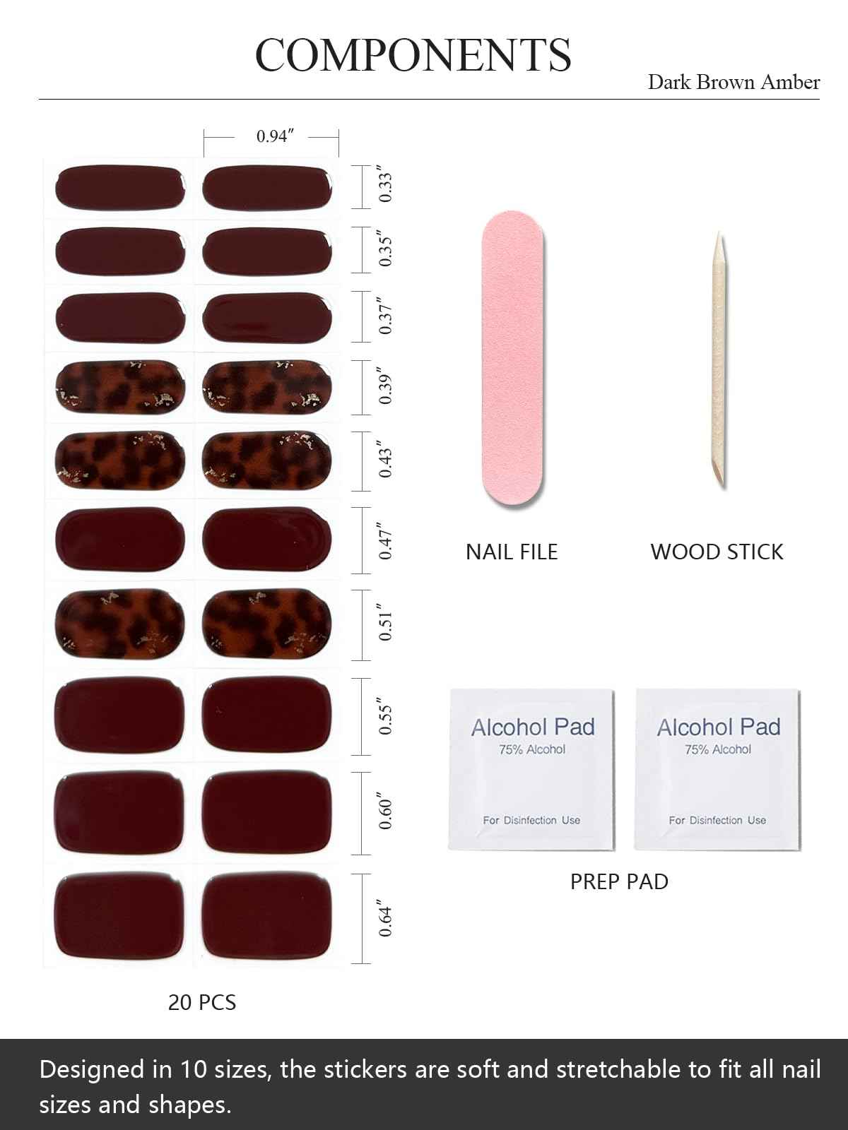 AutyaMee Semi Cured Gel Nail Strips (Dark Brown Amber), 20 Pcs Gel Nail Wraps, Stickers, Salon Quality, Long Lasting, Works with Any UV Lamps