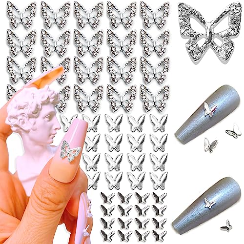 60 PCS 3D Butterfly Nail Charms Alloy Sliver Nail Charms with Rhinestones Crystal Nail Art Charms for Nails DIY Manicure Jewelry Accessories Women Girls Nail Supplies