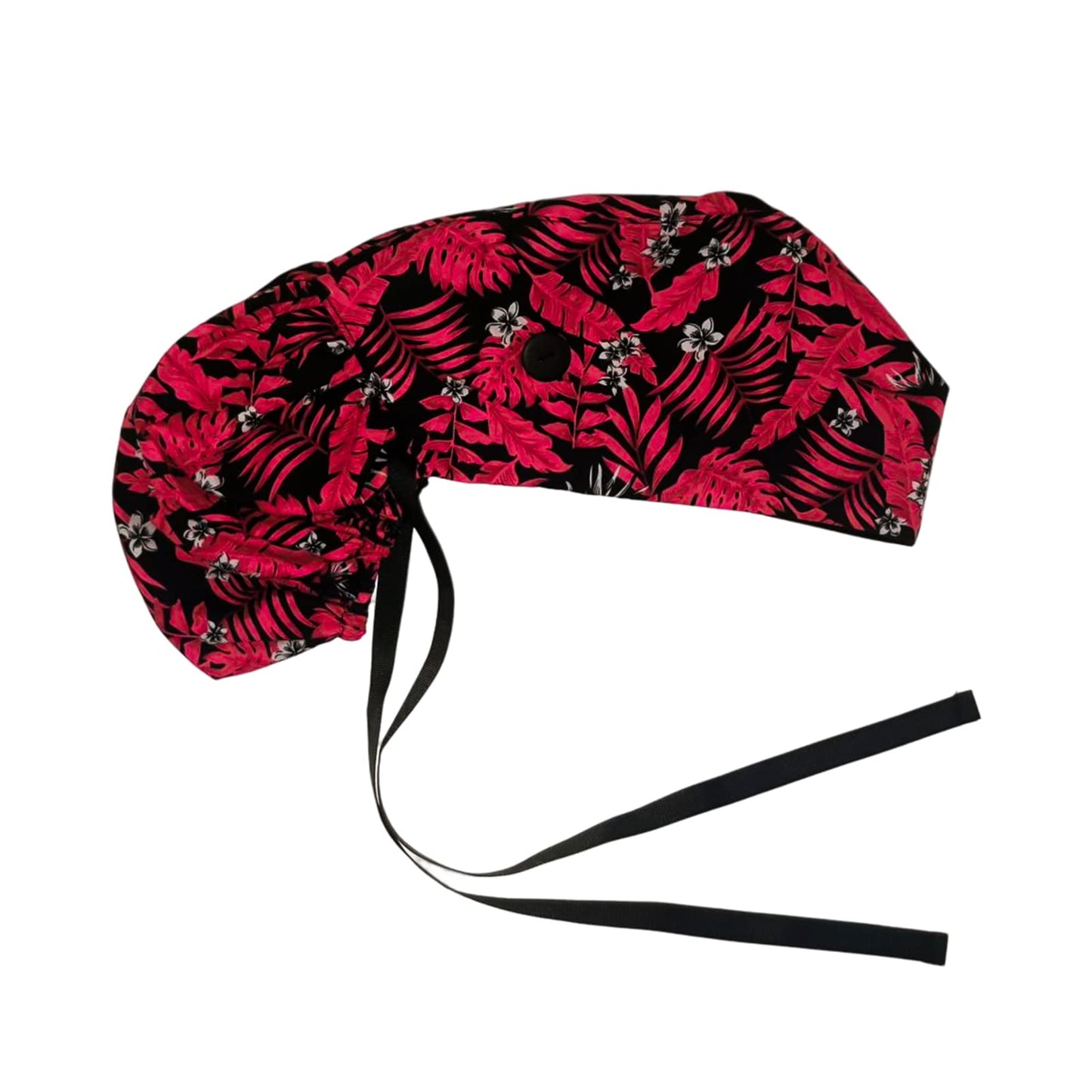 Scrub Cap with Silky Inner - Cotton Hat with Sweatband and Buttons, Adjustable Tie Back Ponytail(Randomly Provide Hair Ring) (Red Leaf)