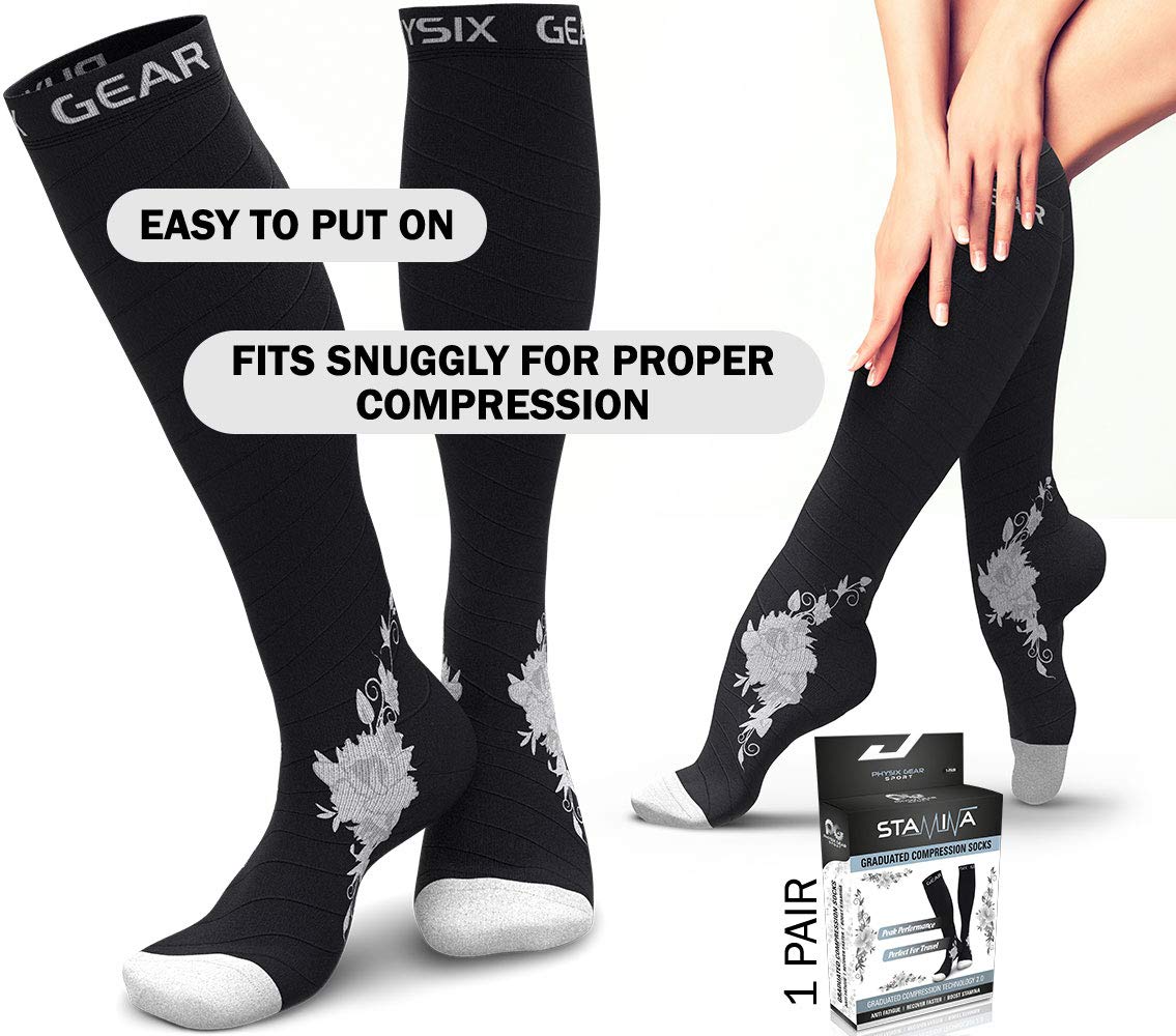 Physix Gear Compression Socks 20-30 mmHg - Men & Women - Running, Nurses, Shin Splints, Flight, Travel (BLACK / GREY FLOWER-S/M)