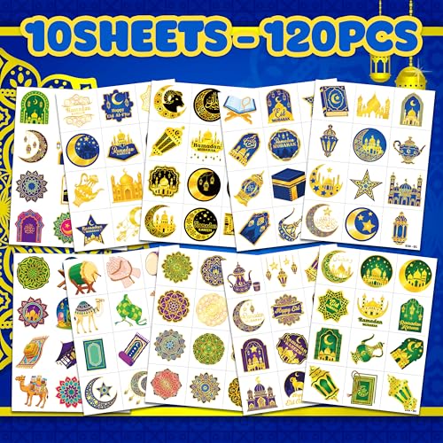 120 PCS Eid Mubarak Temporary Tattoos for Kids Party Favors