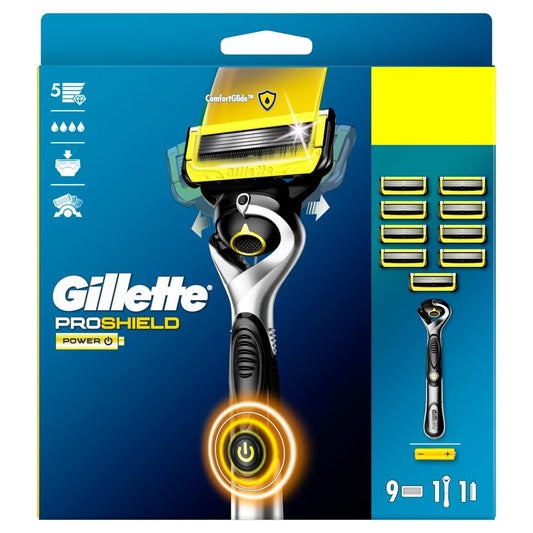 Gillette ProShield Power Men's Razor + 9 Razor Blade Refills with Precision Trimmer, 5 Anti-Friction Razor Blades
