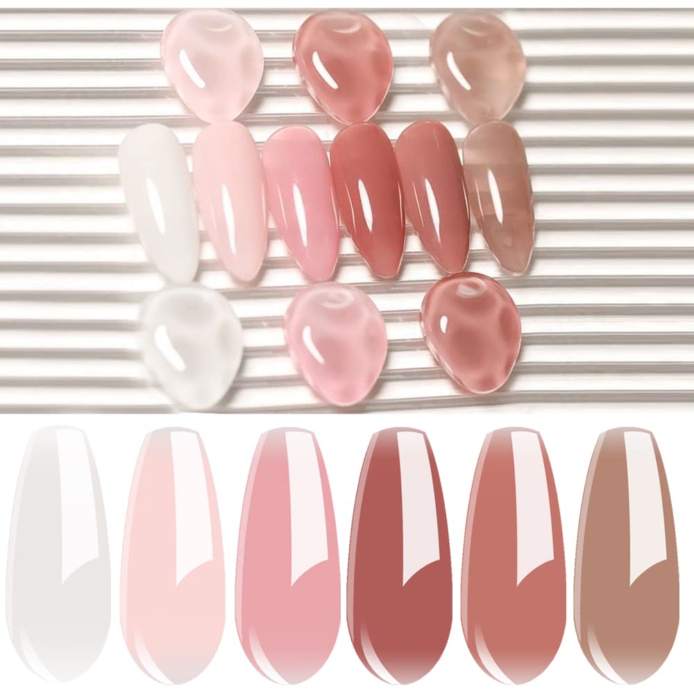 Vishine Jelly Milky White Pink Nude Transparent Gel Nail Polish Set of 6 Glass Sheer Colors Gel Polish Kit UV LED Soak Off Nail Art Varnish 8ml