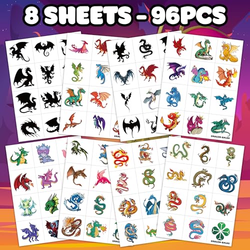 96PCS Dragon Temporary Tattoos Stickers for Kids