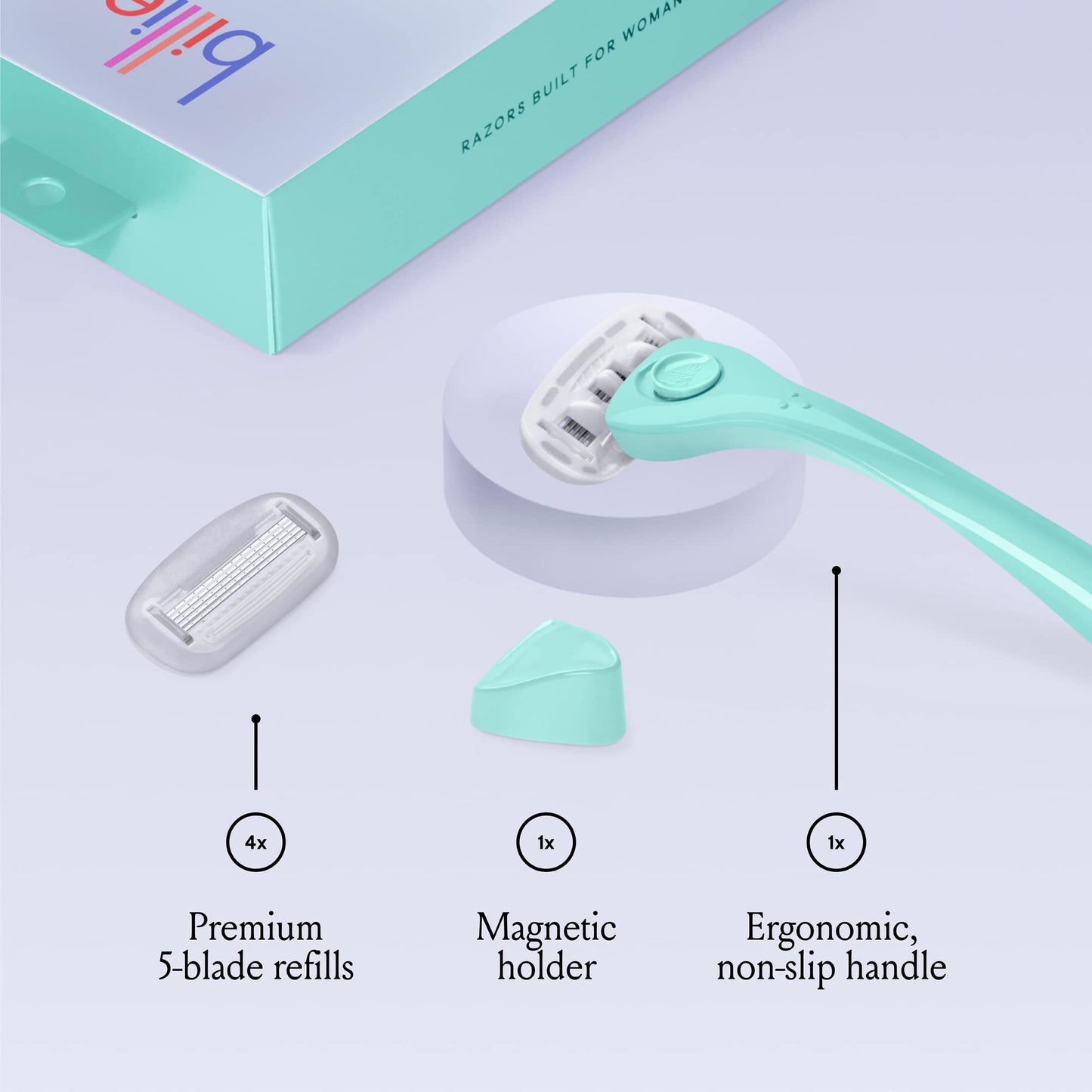 Billie Razors for Women Shave Kit – Razor + 4 x 5-Blade Razor Refills + Magnetic Holder – Minty & Whipped Shave Cream - Lavender & Bergamot Scent - 6.5 fl oz