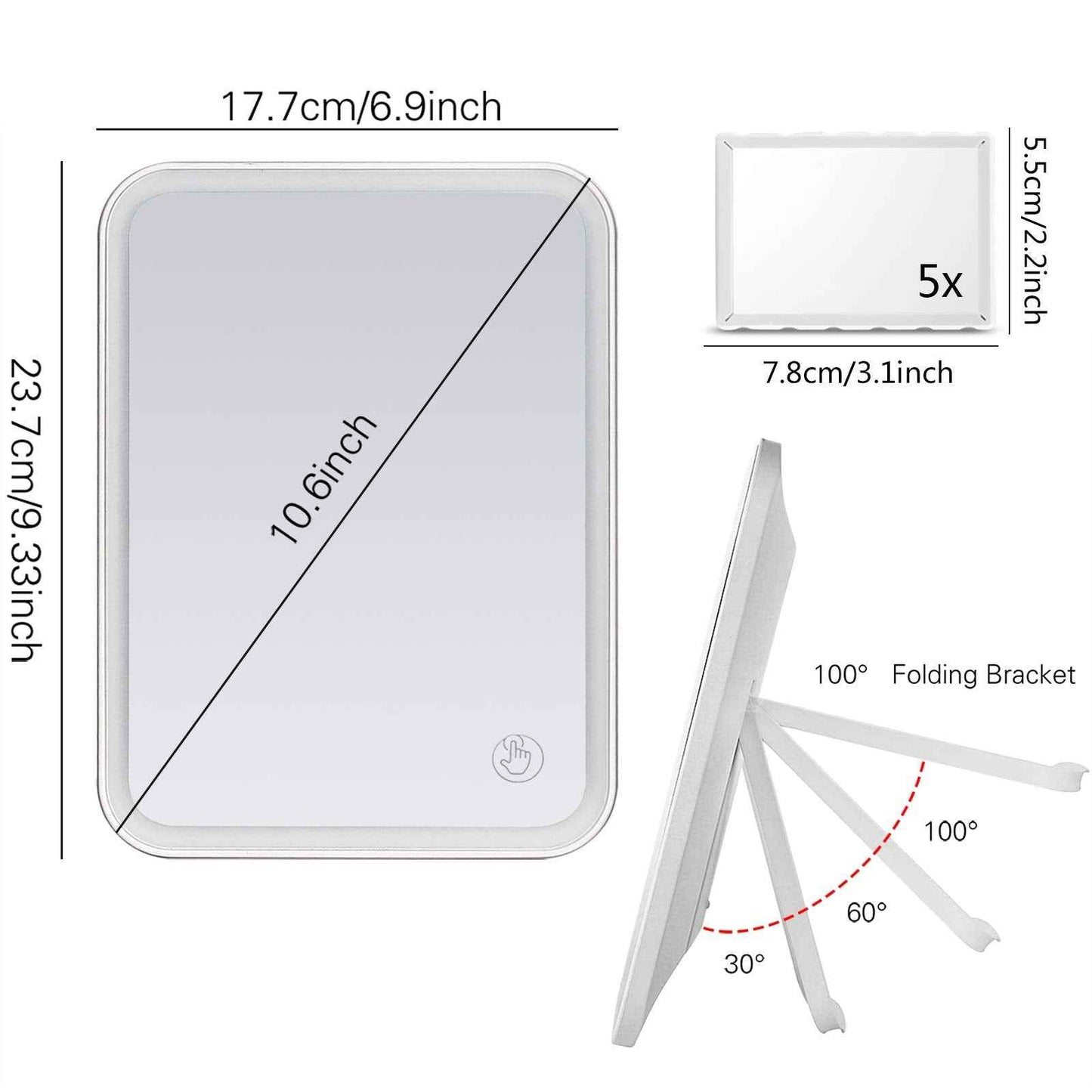 KOOKIN Lighted Vanity Makeup Mirror with Lights 3 Color Lighting Modes Rechargeable Touch Screen Adjustable Tabletop Wall Hanging Led Light Up Mirror with Mini 5X Hand Mirror