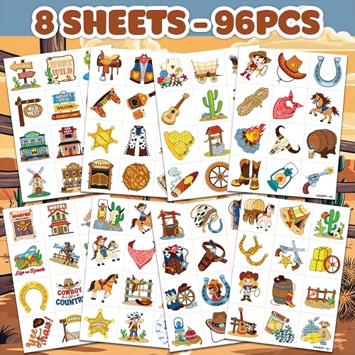 96 PCS Western Cowboy Temporary Tattoos for Kids Birthday Party